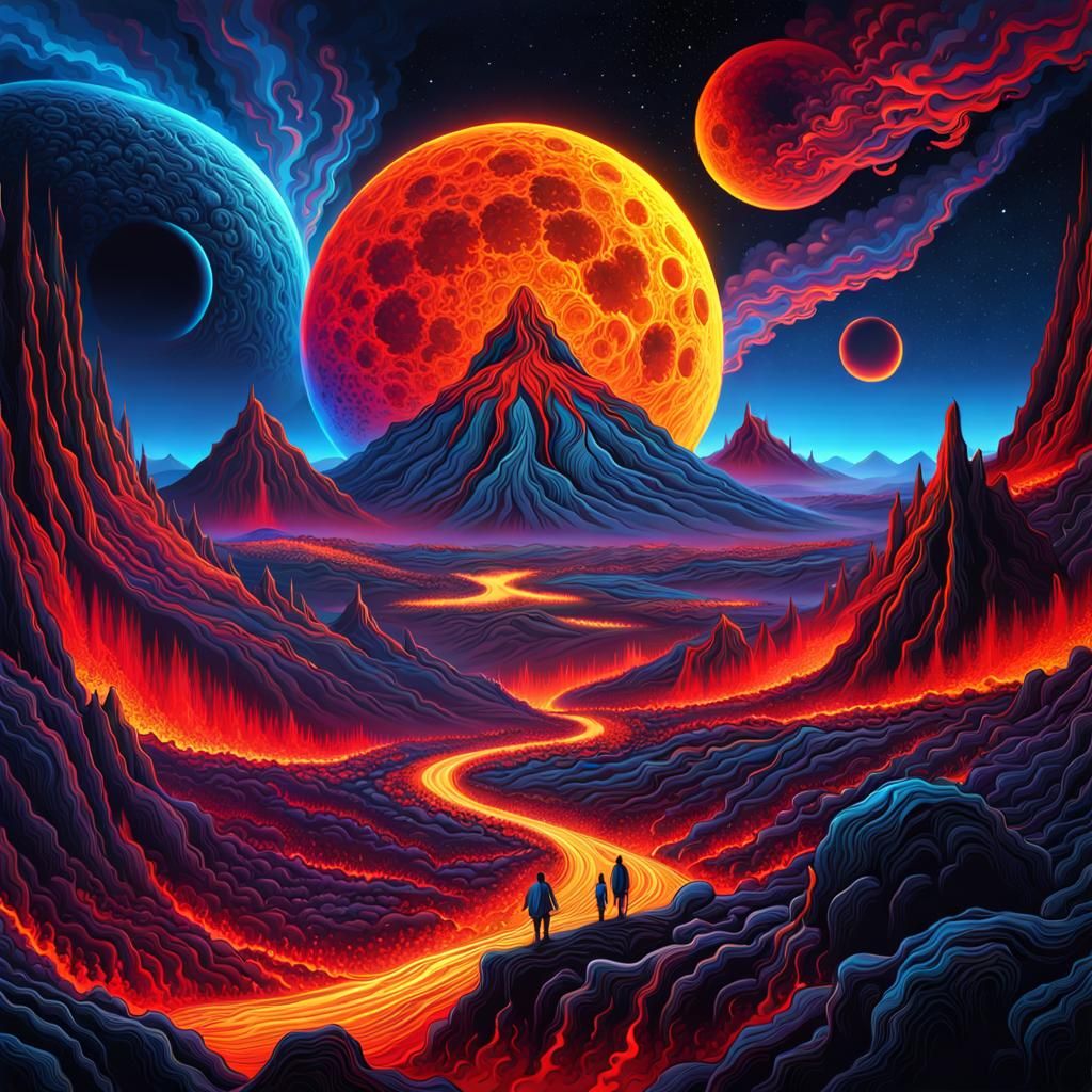 Alien Landscape with Black Moon and Lava