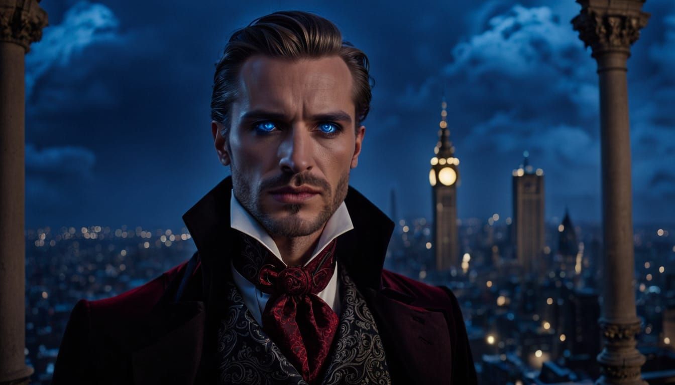 Gothic Vampire Overlooking City in Hyper-Realistic Digital A...