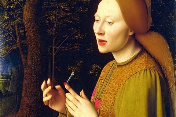 Woman Singing in Meadow, Van Eyck Style Oil Painting