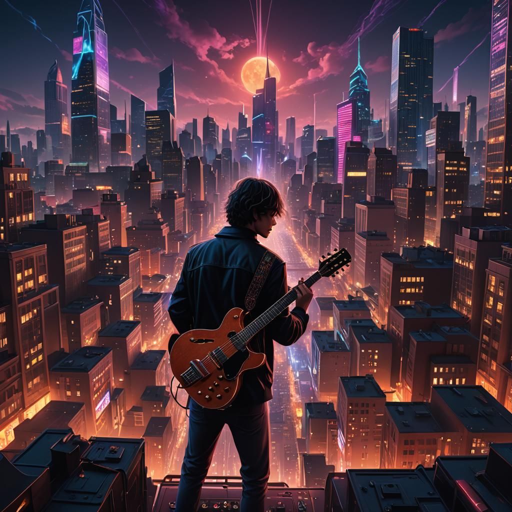 Synthwave Cityscape: Lonely Guitarist at Night