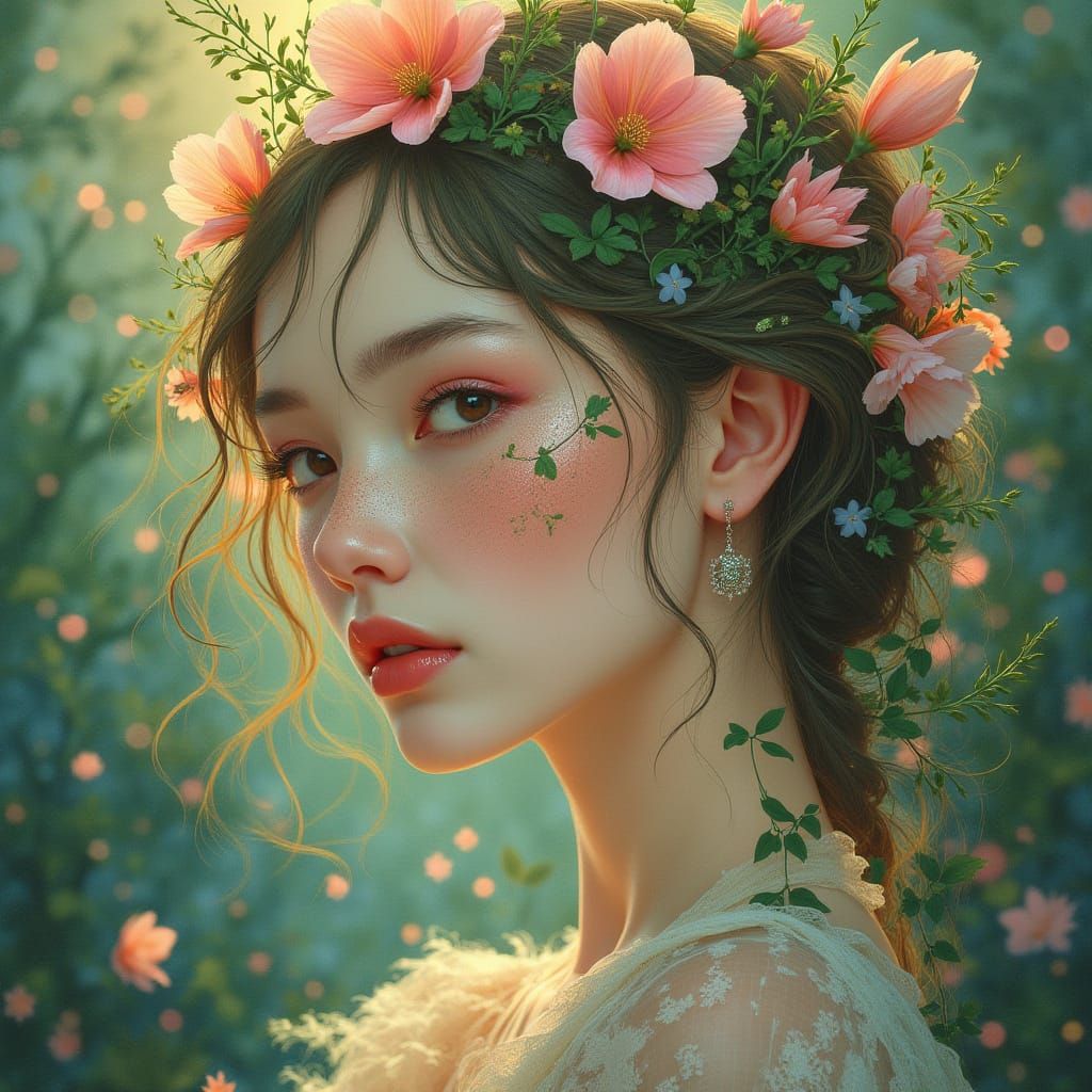 Ethereal Botanical Goddess with Delicate Petals and Verdant ...