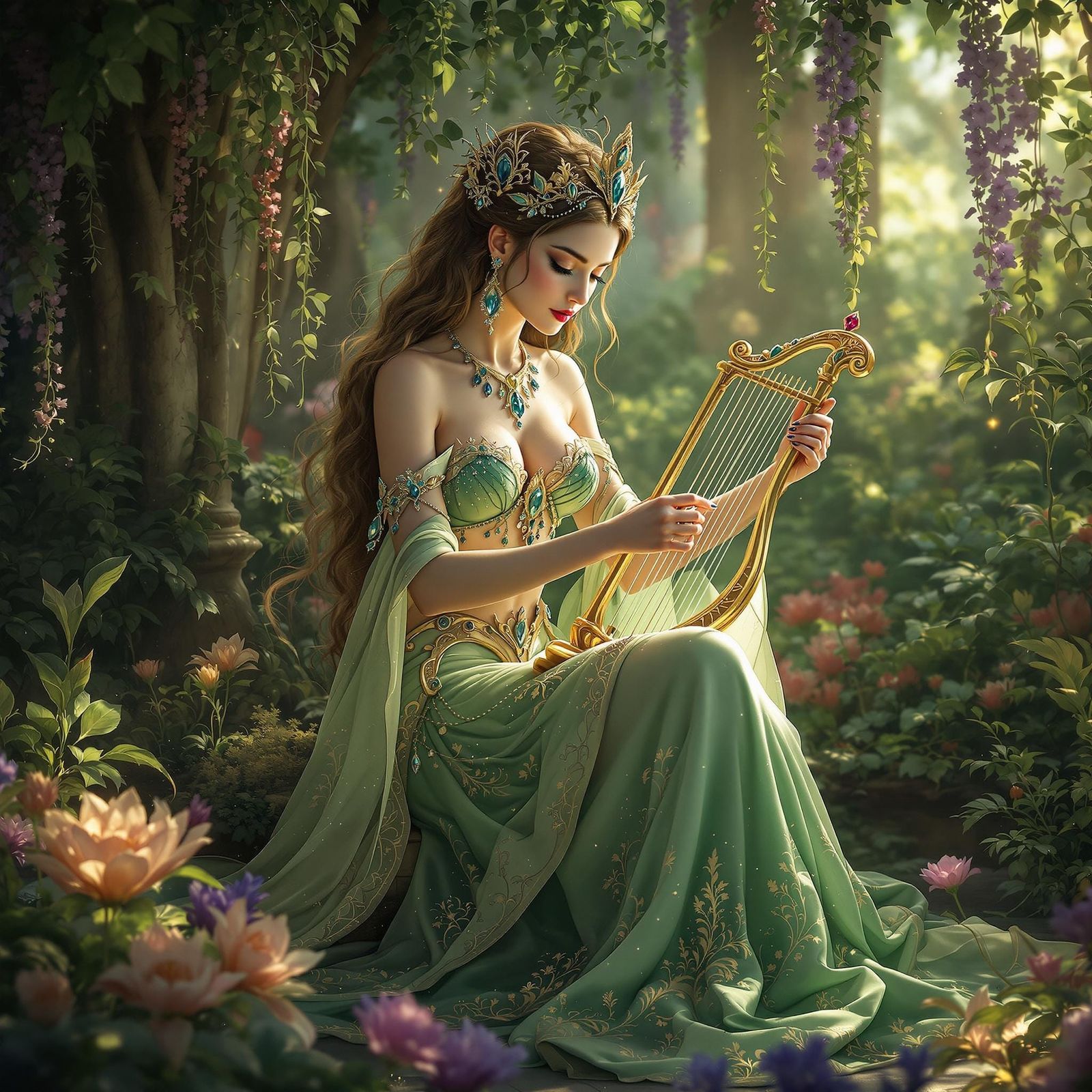 Regal Lady Plays Lyre in Enchanted Forest