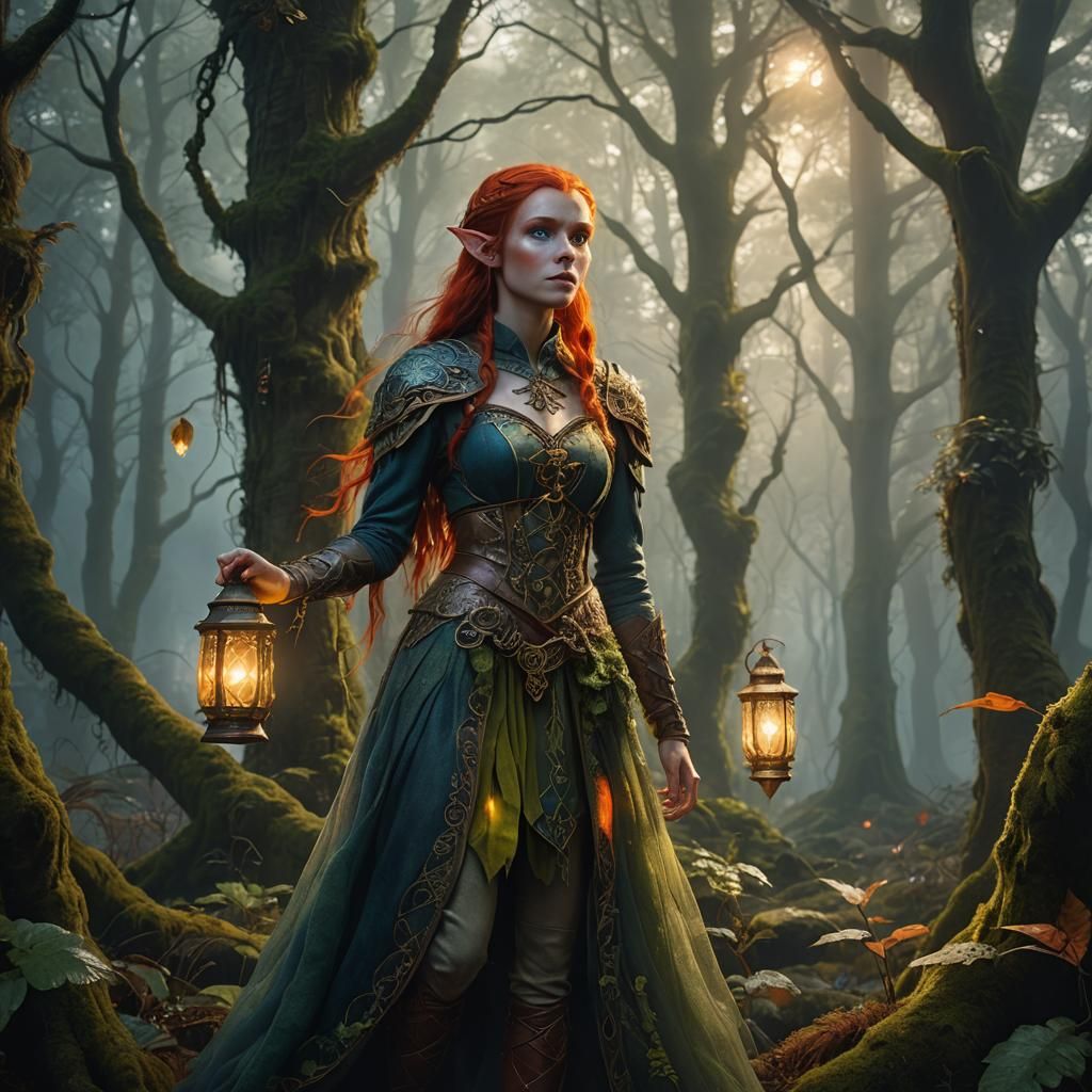 Elf Girl in Misty Forest: Art Nouveau Digital Painting