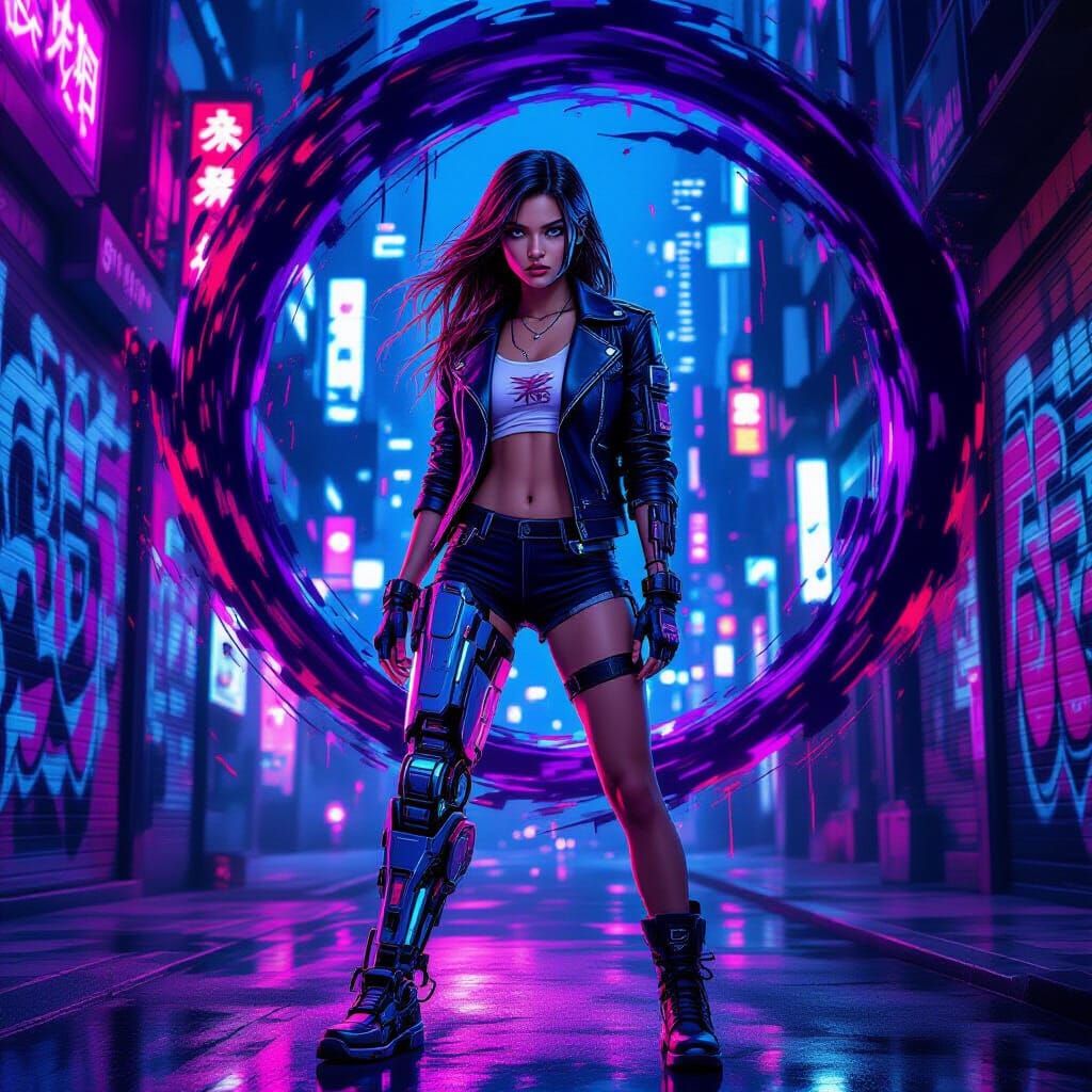 Cyberpunk Girl With Mechanical Leg Amidst Emotional Vortex