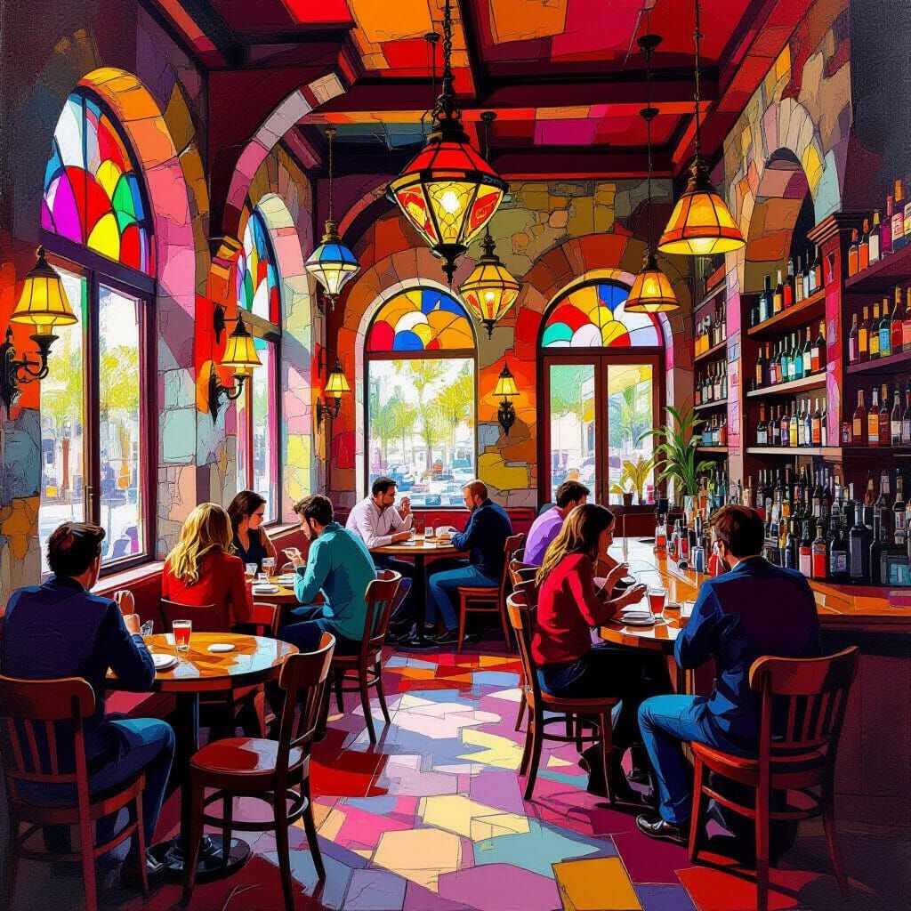 Vibrant Tavern Interior with Patrons in Abstract Style