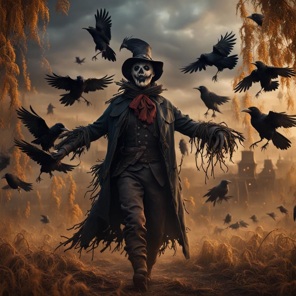 Crows Attack Scarecrow in Fantasy Landscape