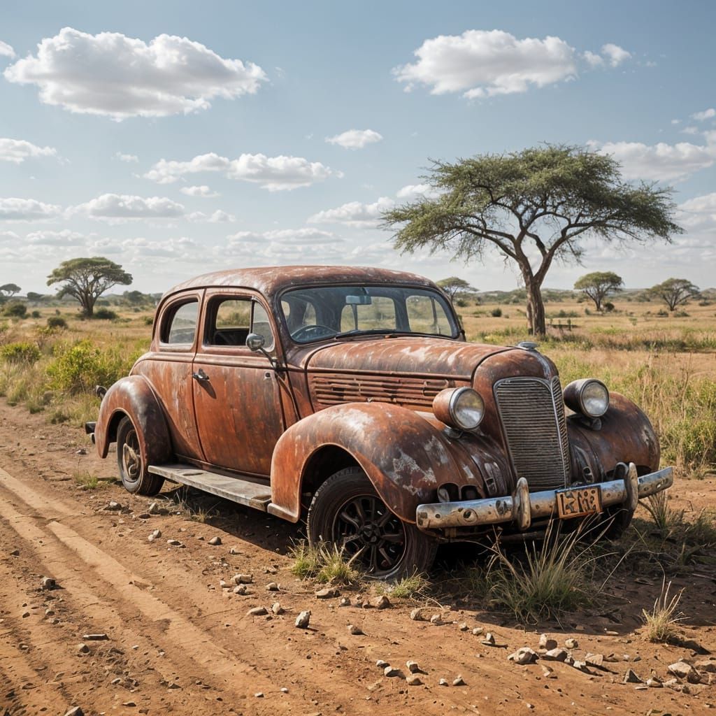 Rusted 1930s Car Wreckage on Dusty African Road