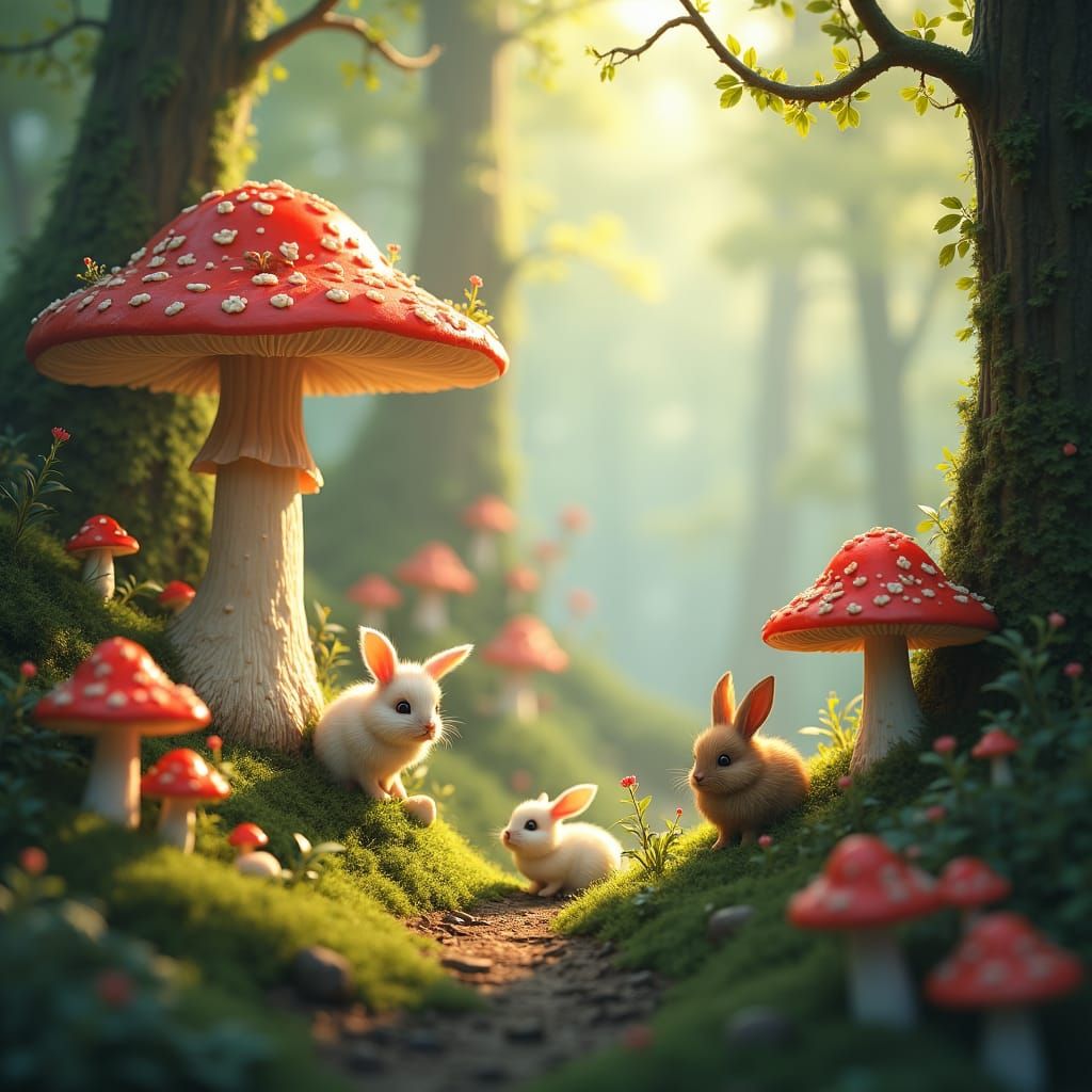 Enchanted Mushroom Forest with Bunnies: Matte Painting