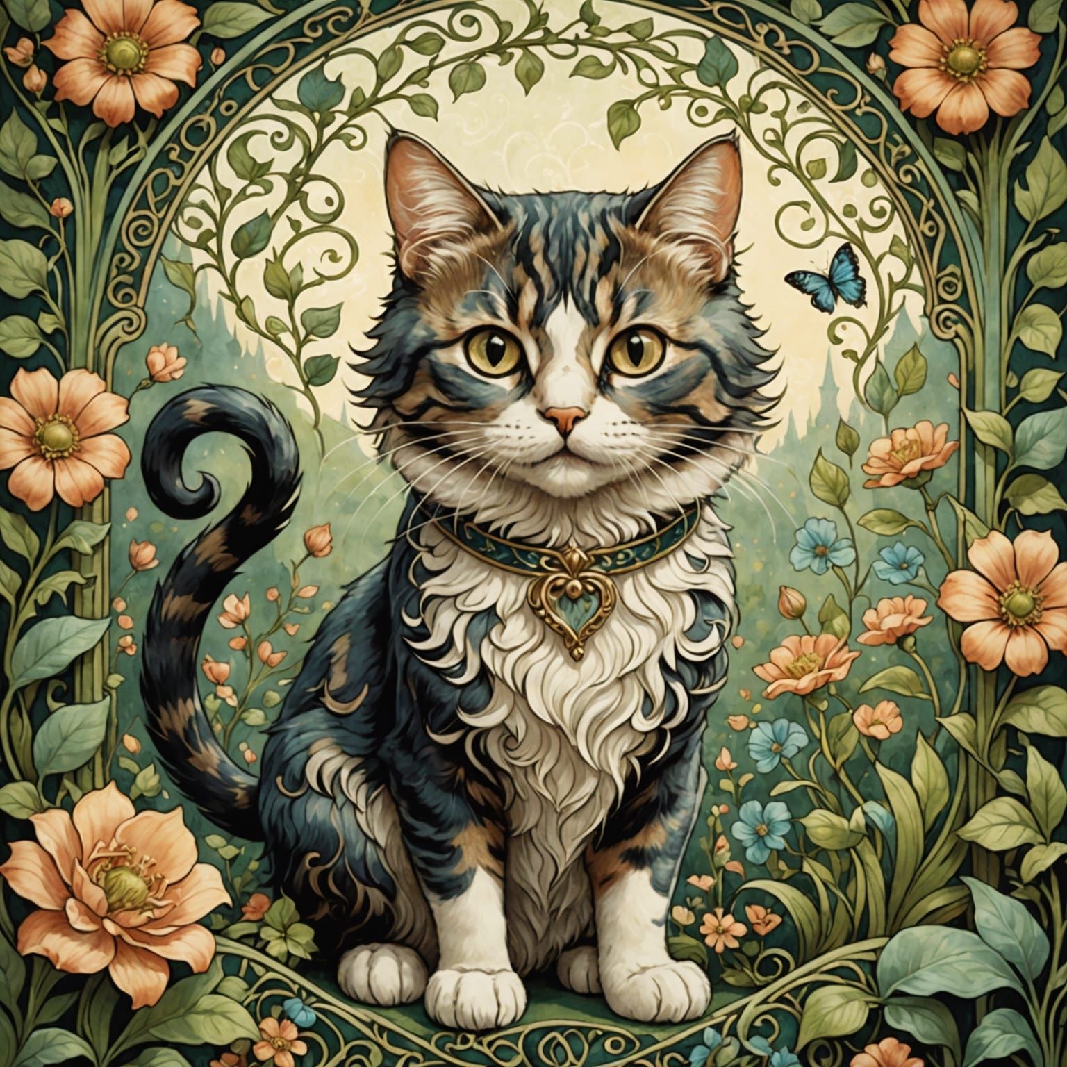 Whimsical Cat Plays with Intricate Key in Garden