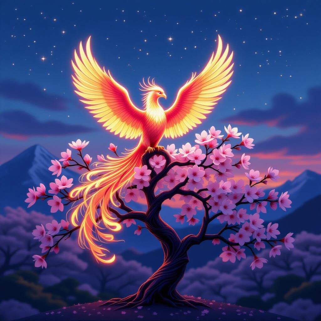 Glowing Phoenix on Crystal Cherry Blossom Tree at Twilight