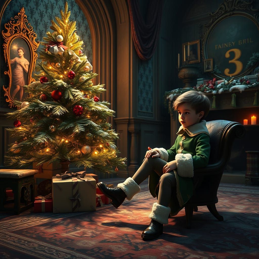 Elegant Boy in Formal Green Attire Beside an Ancient Christm...