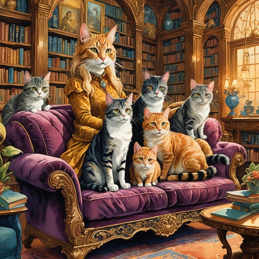 Cartoon Cat Lady in Ornate Fantasy Library