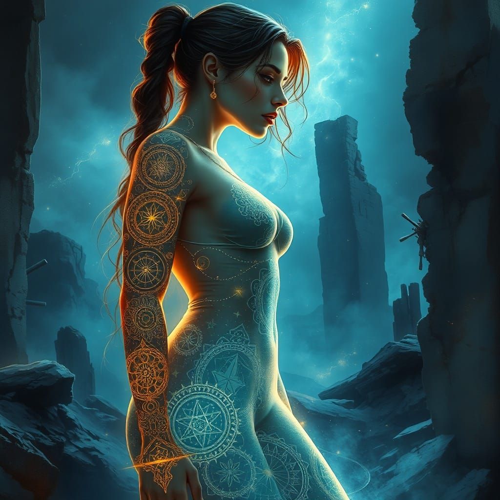 Woman with Celestial Tattoos in Ethereal Ruins