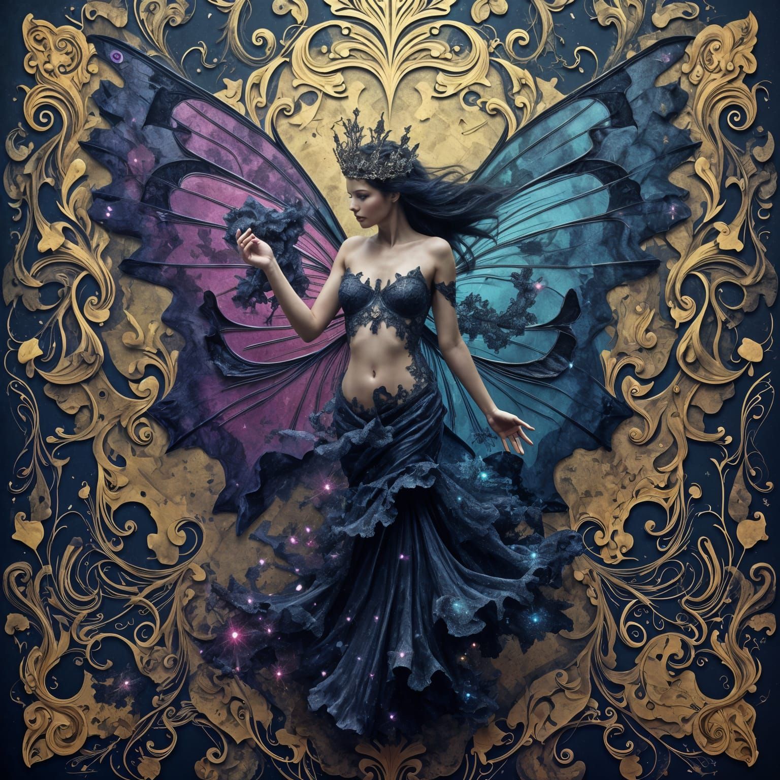 Dark Fairy Queen Emerges in Vibrant Grunge Art