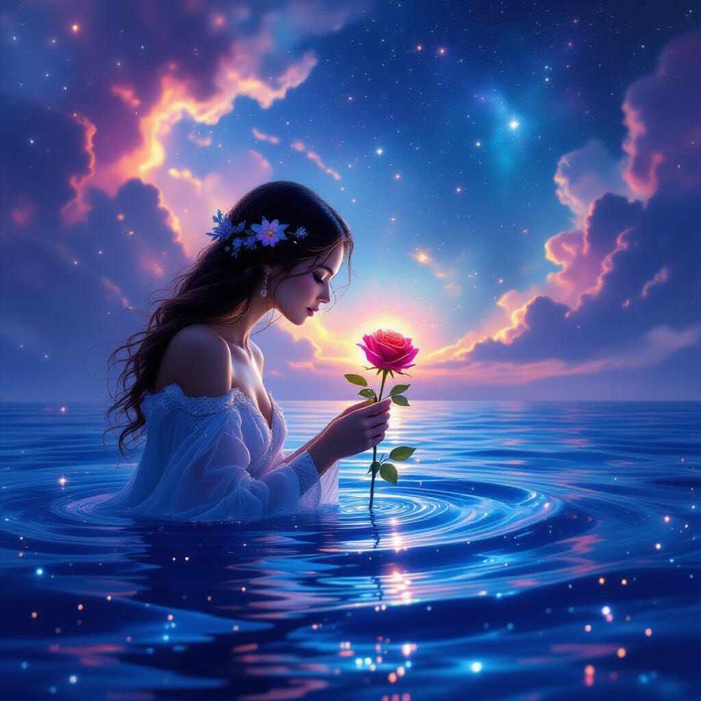 Cosmic Being with Stardust Rose in Nebula Ocean