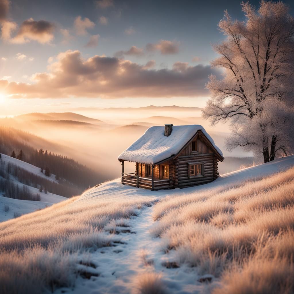 Winter Cabin at Sunrise: Ultra-Realistic Beauty