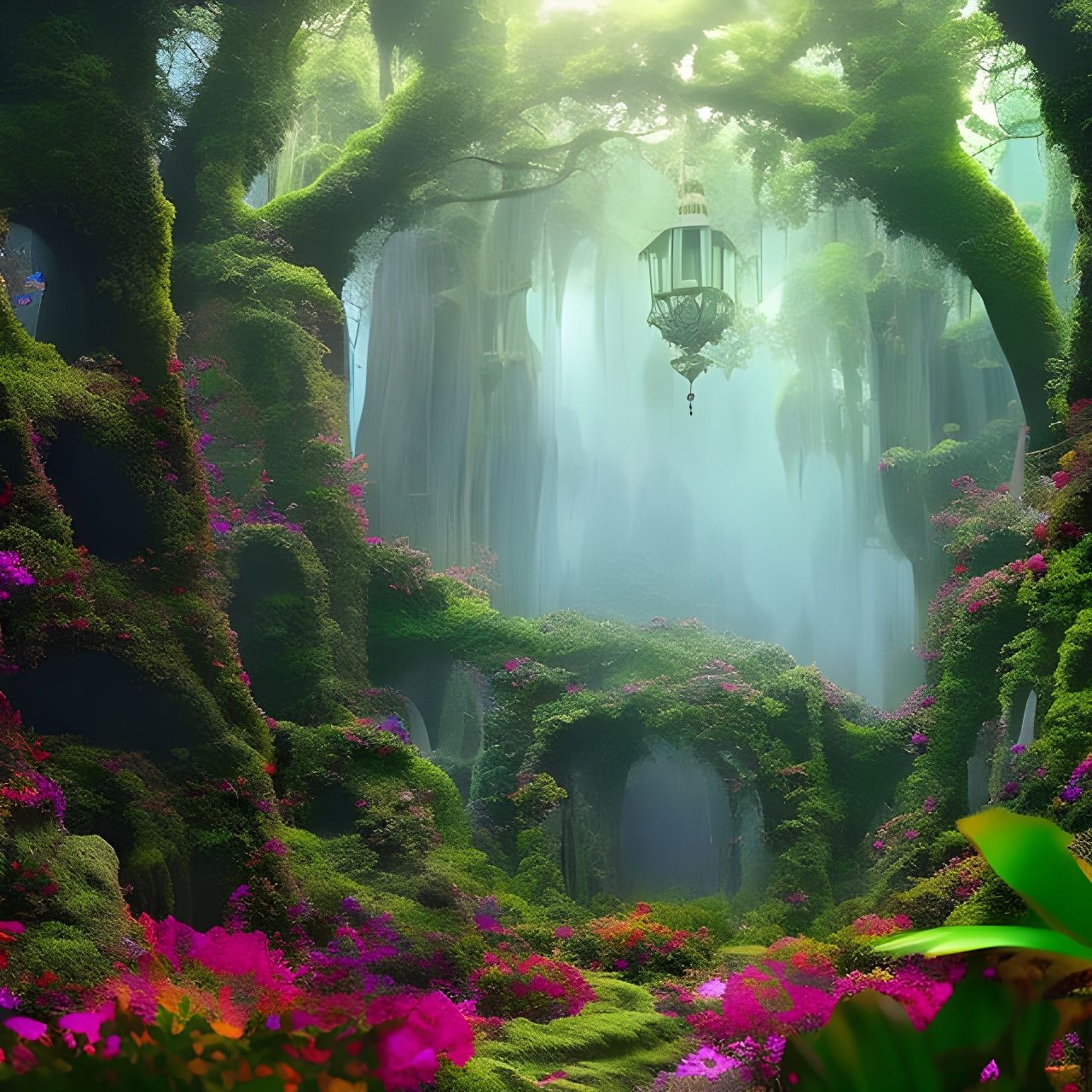 Vibrant Secret Garden: Maximalist Digital Matte Painting