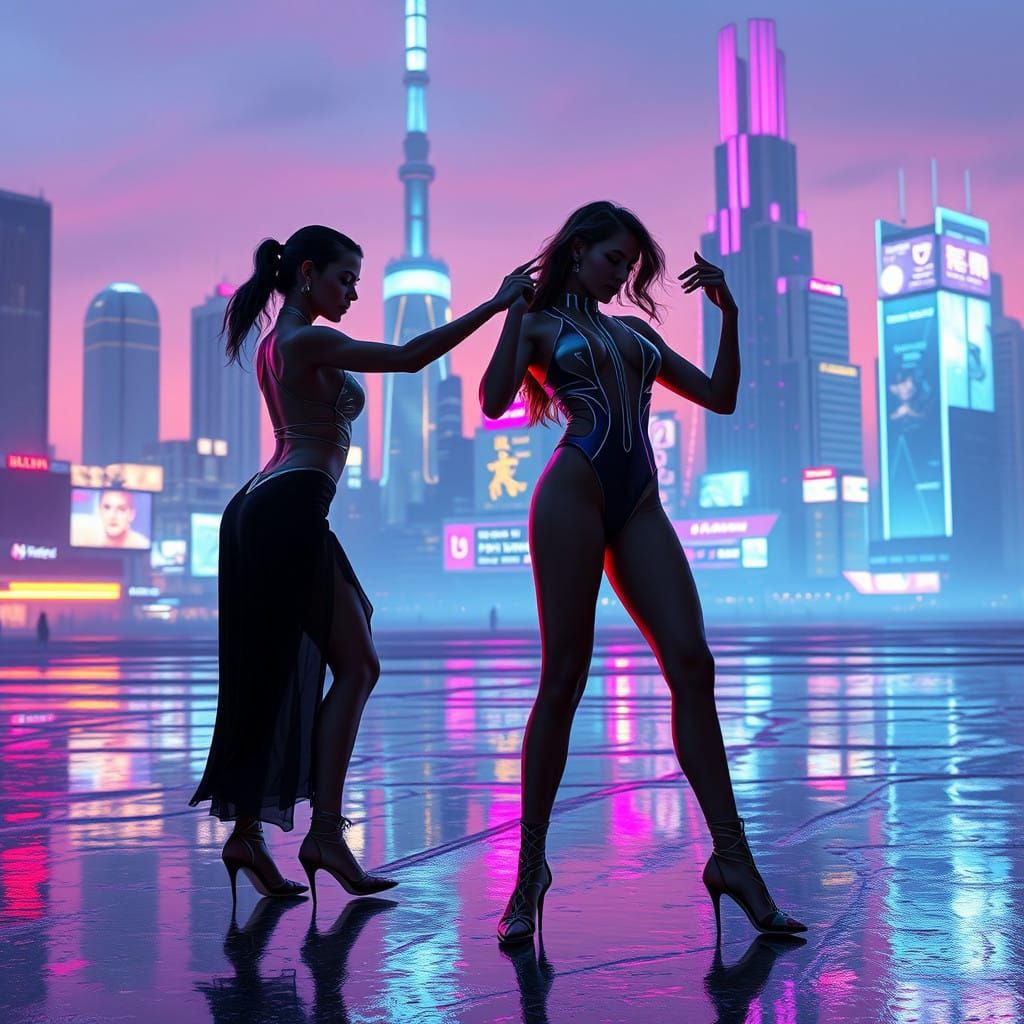 Sleek Women Dance Tango in Dystopian Futuristic Beach Scene
