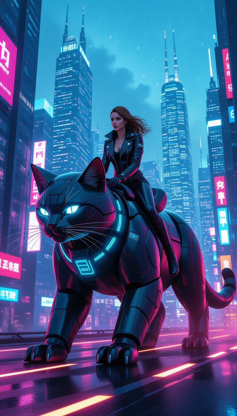Girl Rides Robotic Cat Across Cyberpunk City in 3D