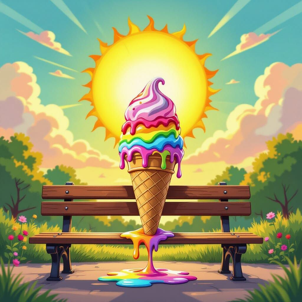 Melting Ice Cream Cone Defies Blazing Sun in Whimsical Scene