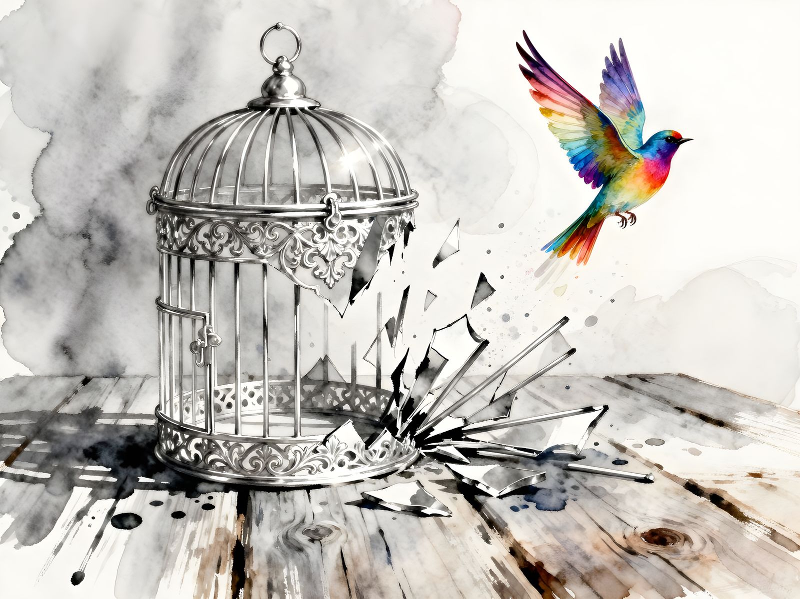 Rainbow Bird Escapes Smashed Silver Cage