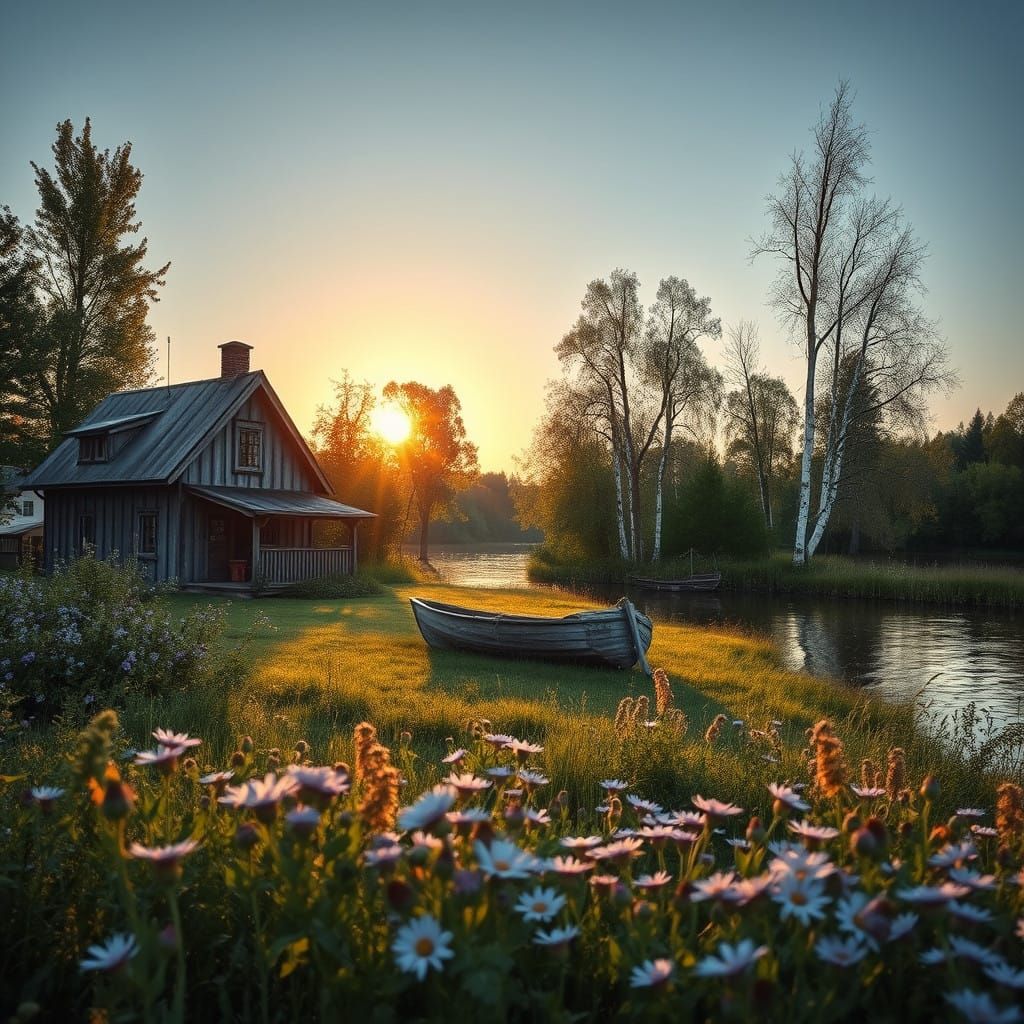 Peaceful Riverfront Scene in Soft Morning Light