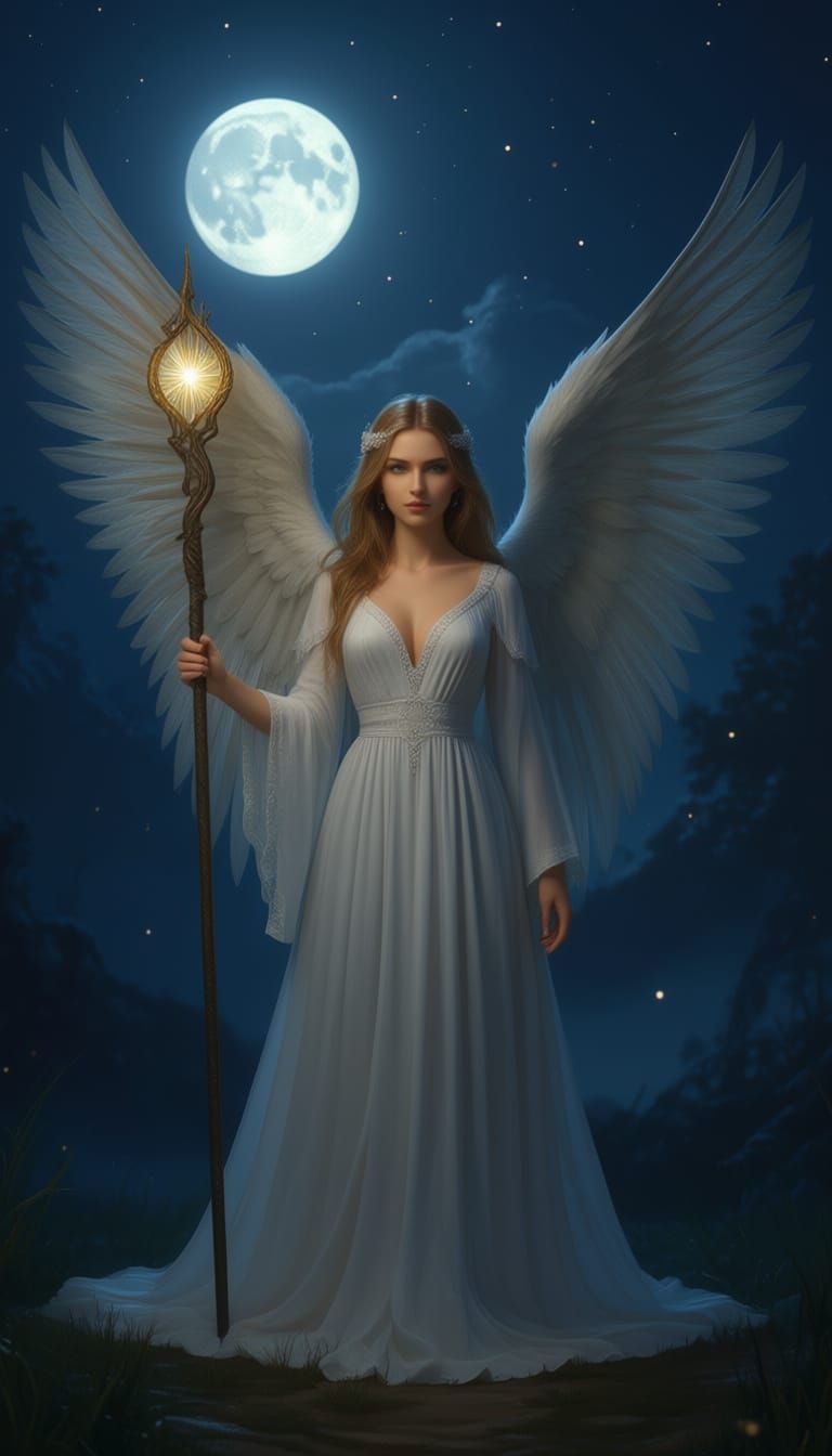 Realistic Angel with Shining Wings Holding Magic Staff