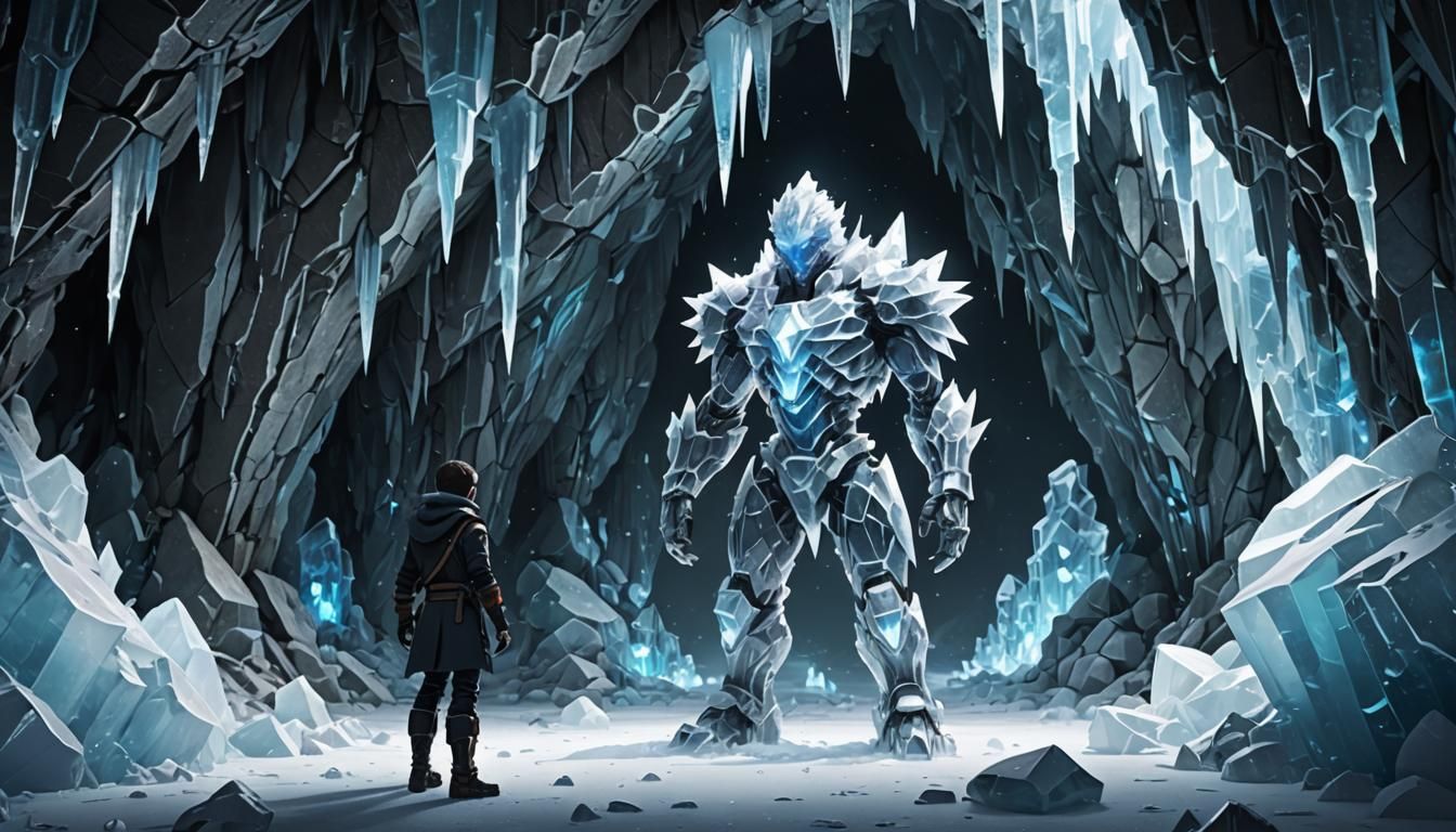 Crystalline Humanoid in Frozen Cavern: Anime-Inspired 3D Art