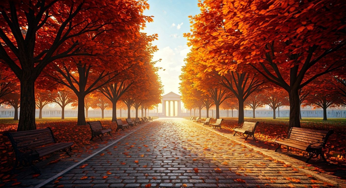 Vibrant Autumn Park Pathway in Golden Sunlight