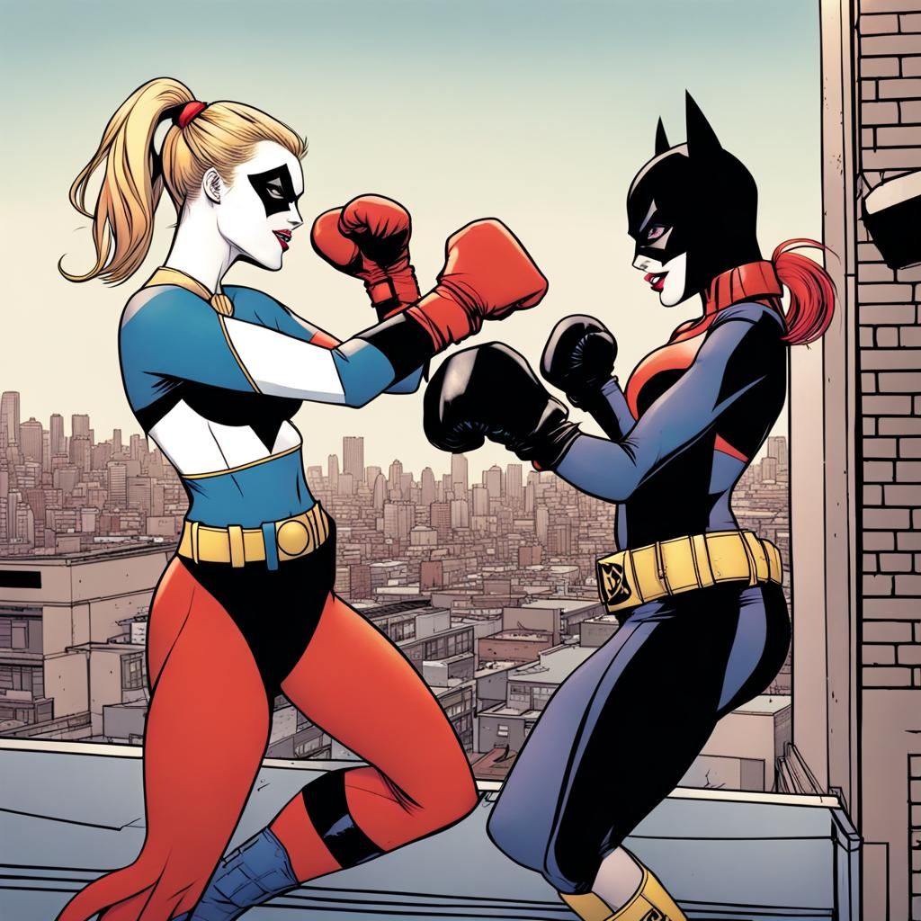 Batgirl and Harley Quinn Boxing on Rooftop