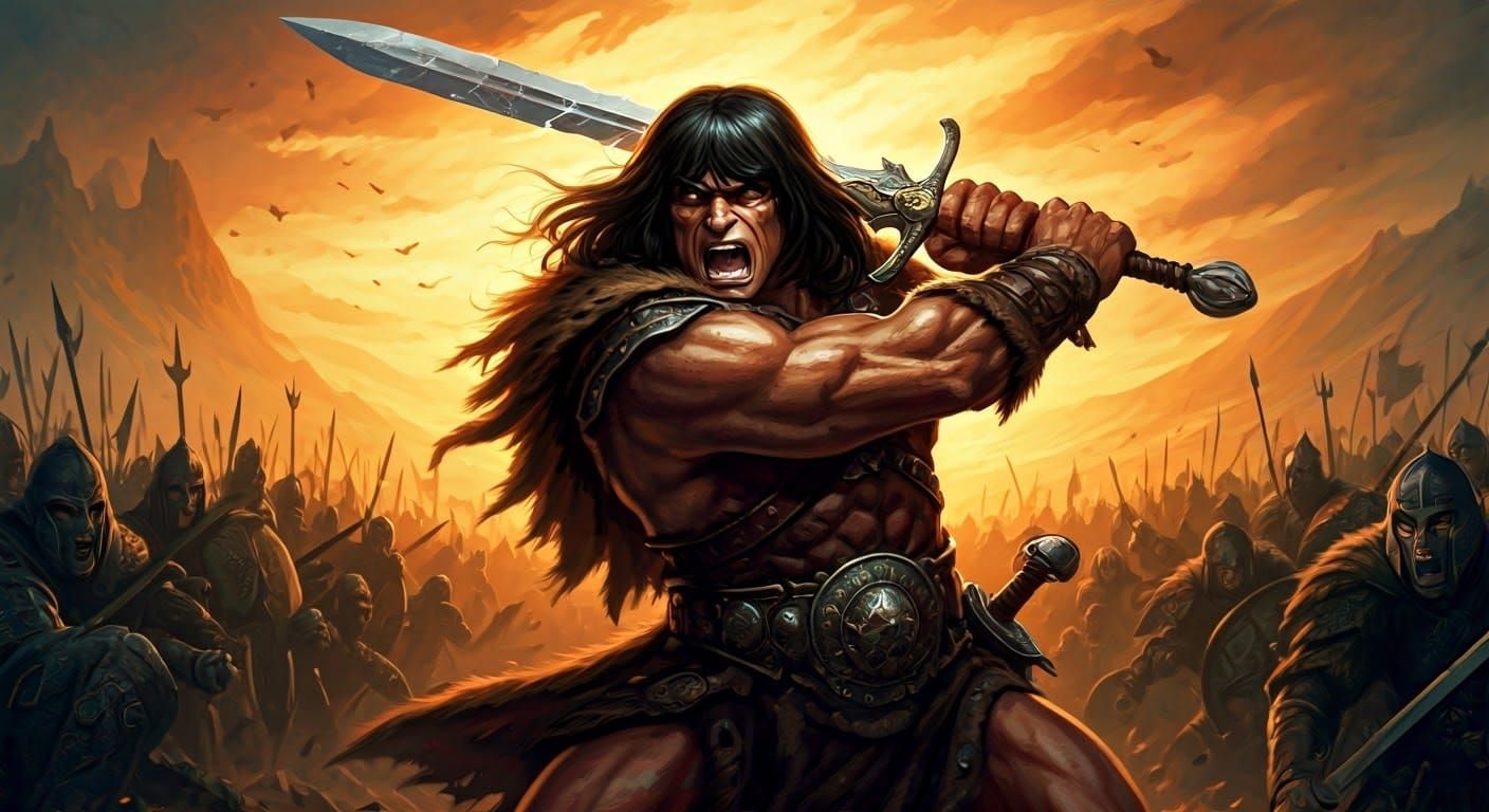 Conan the Barbarian fighting on a battlefield in Middle-Eart...
