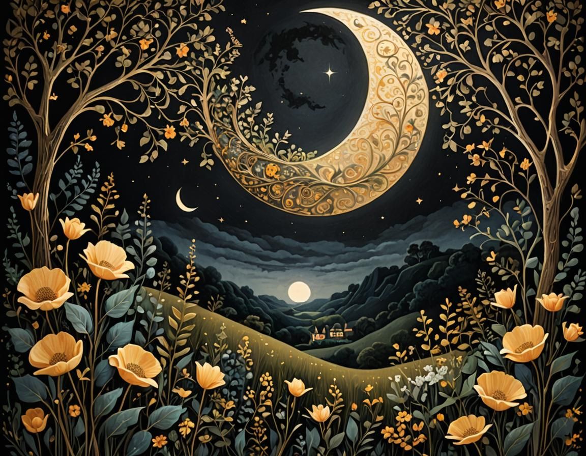 Majestic Whimsical Moon Illuminated in a Dark, Dreamy Landsc...