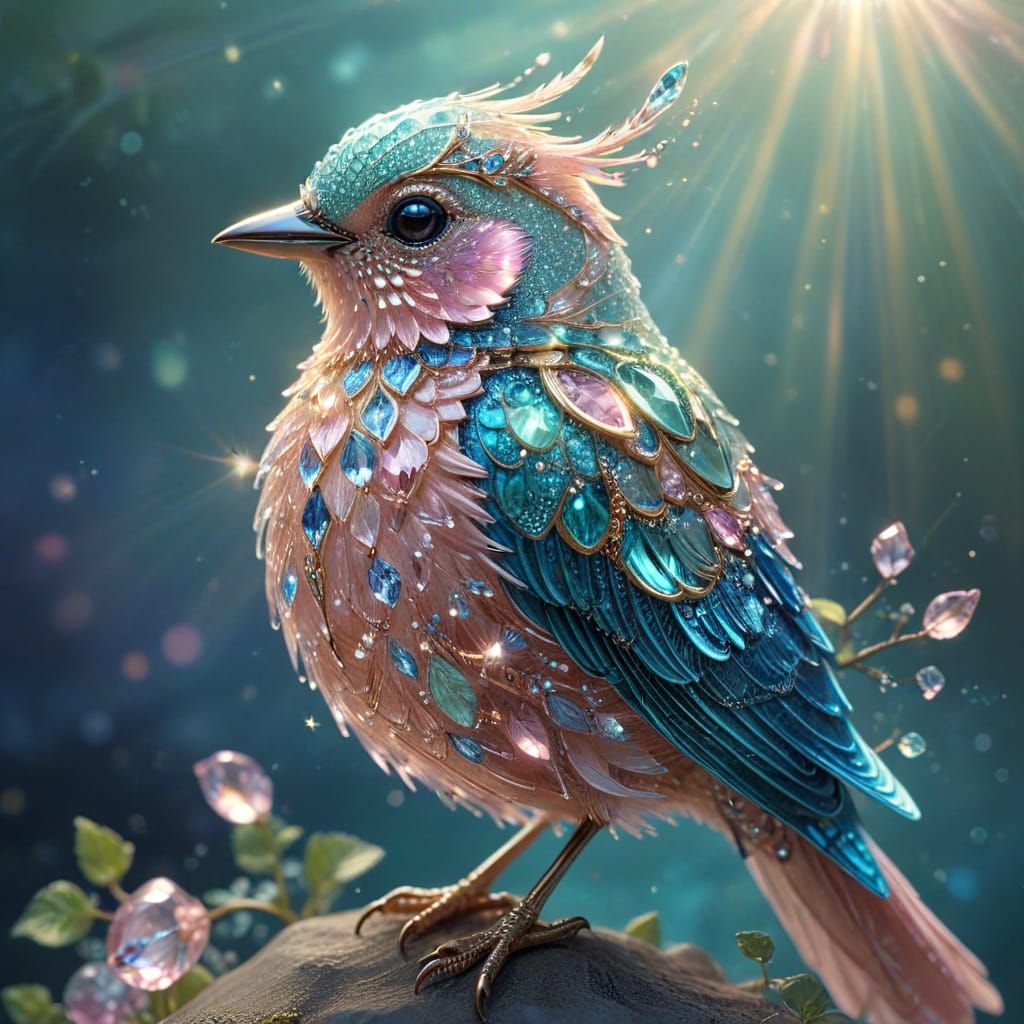 Sparkling Mint-Pink Bird Adorned with Gems and Golden Filigr...