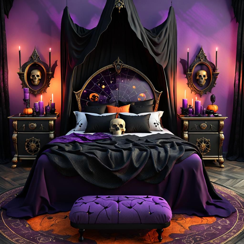 Gothic Bedroom with Batwing Bed and Dark Decor
