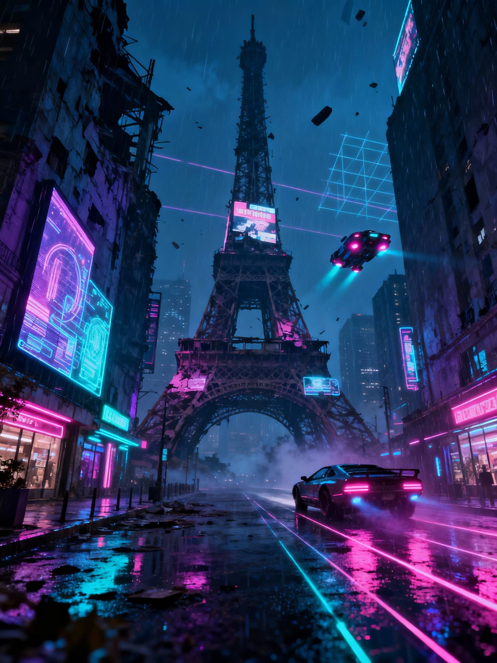 Cyberpunk Paris 2049: Flying Cars Over Derelict Eiffel Tower