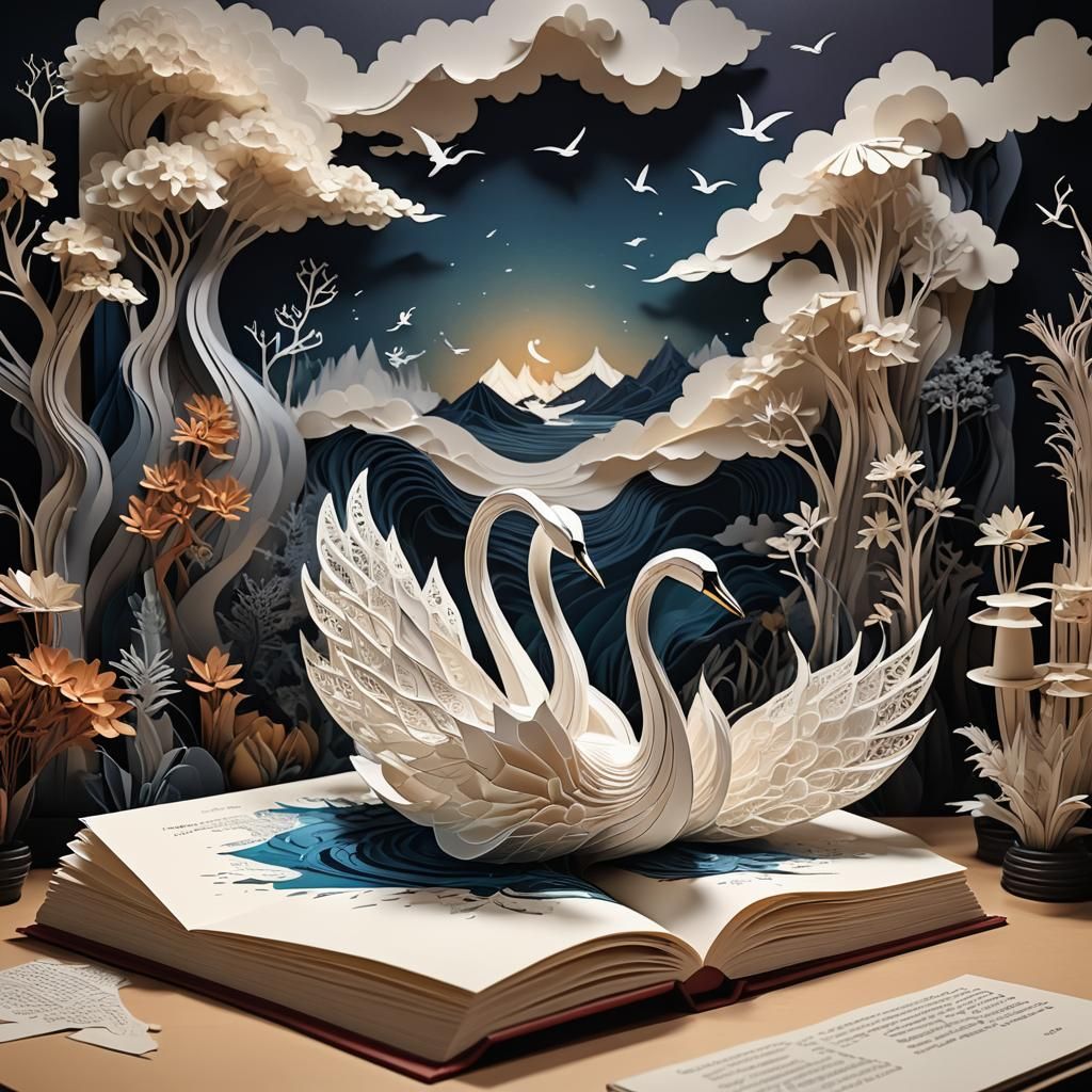 Origami Swan in Office Pop-Up Book