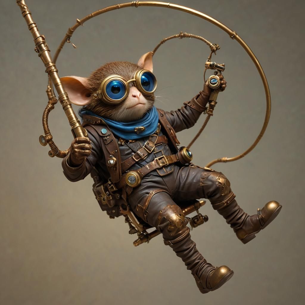 Steampunk Tarsier Cowboy Repairs Device in Zero Gravity