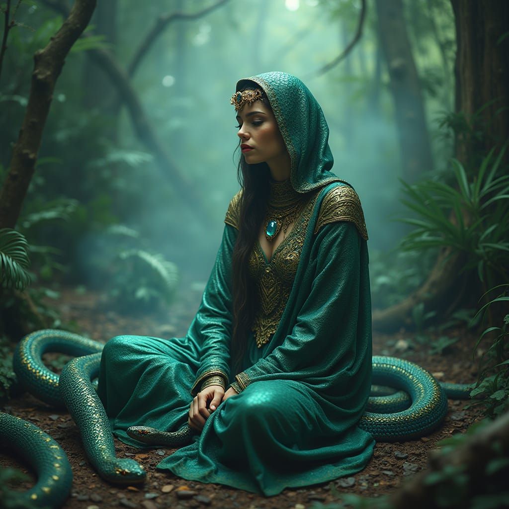 Surreal Tantric Priestess in Lush Jungle Environment