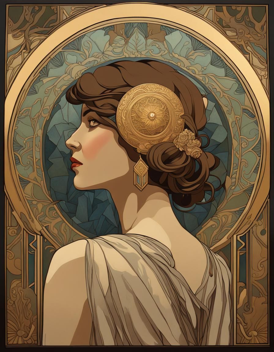 Art Deco Woman with Stone: Mucha-Inspired Digital Painting