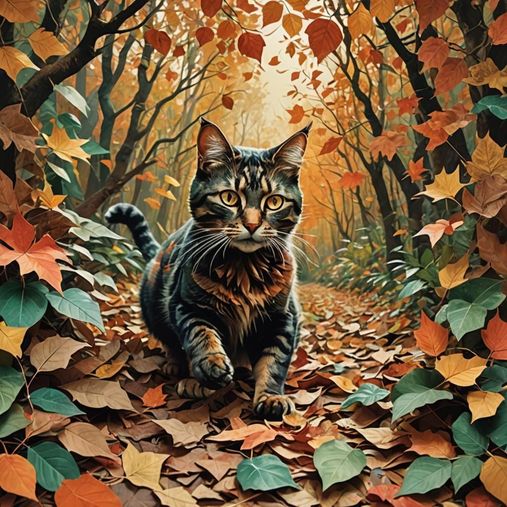 Cat Pouncing in Autumn Leaves: Paper Collage Art