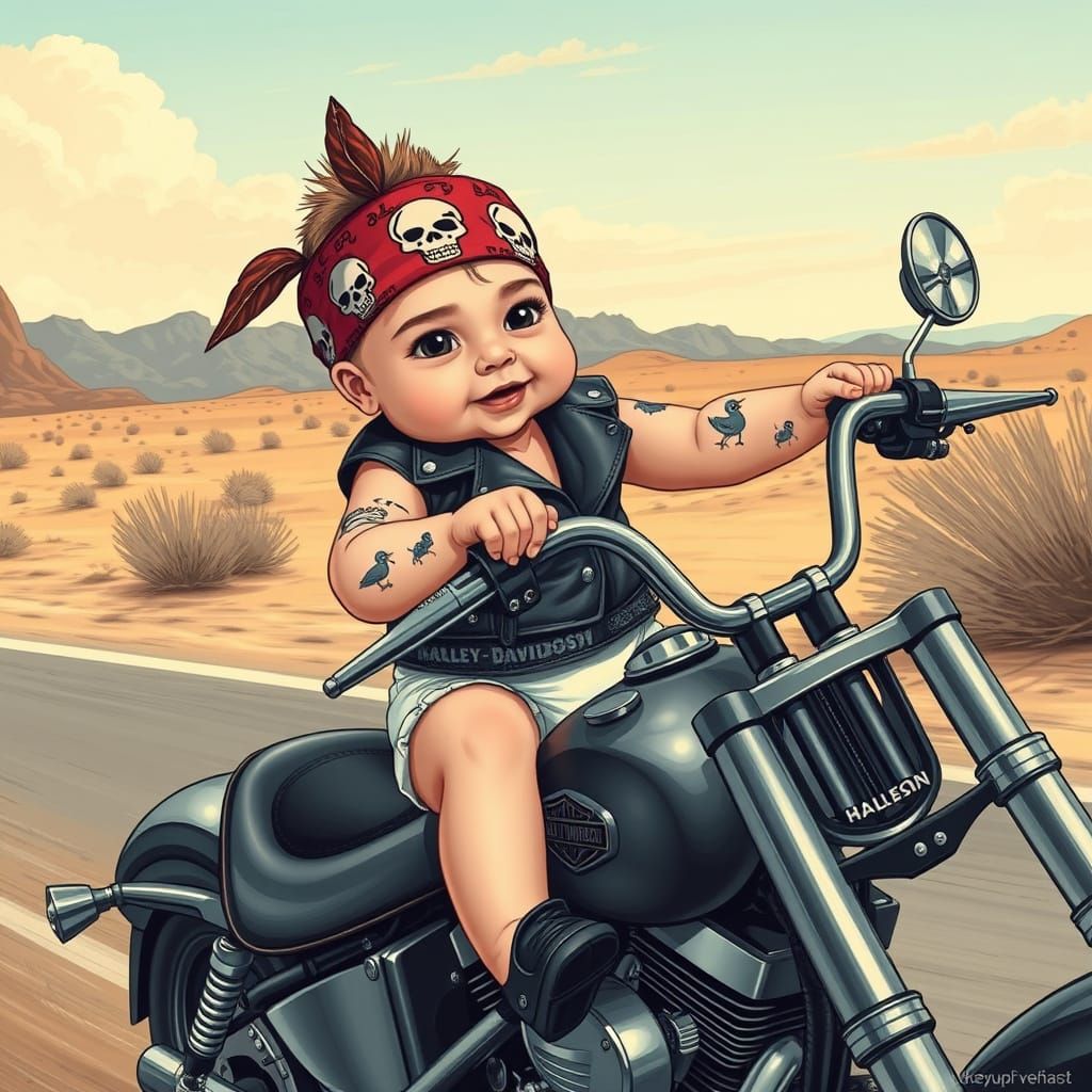 Baby Biker in Desert Landscape, Lowbrow Art Style