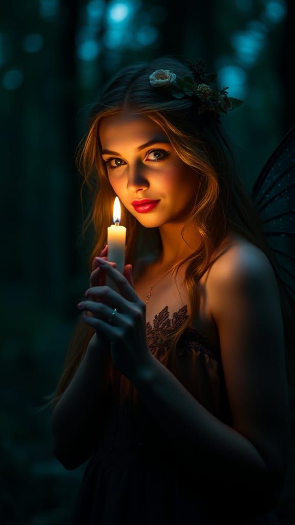 Fairy with Candle in Dark Woods: Hyperdetailed Masterpiece