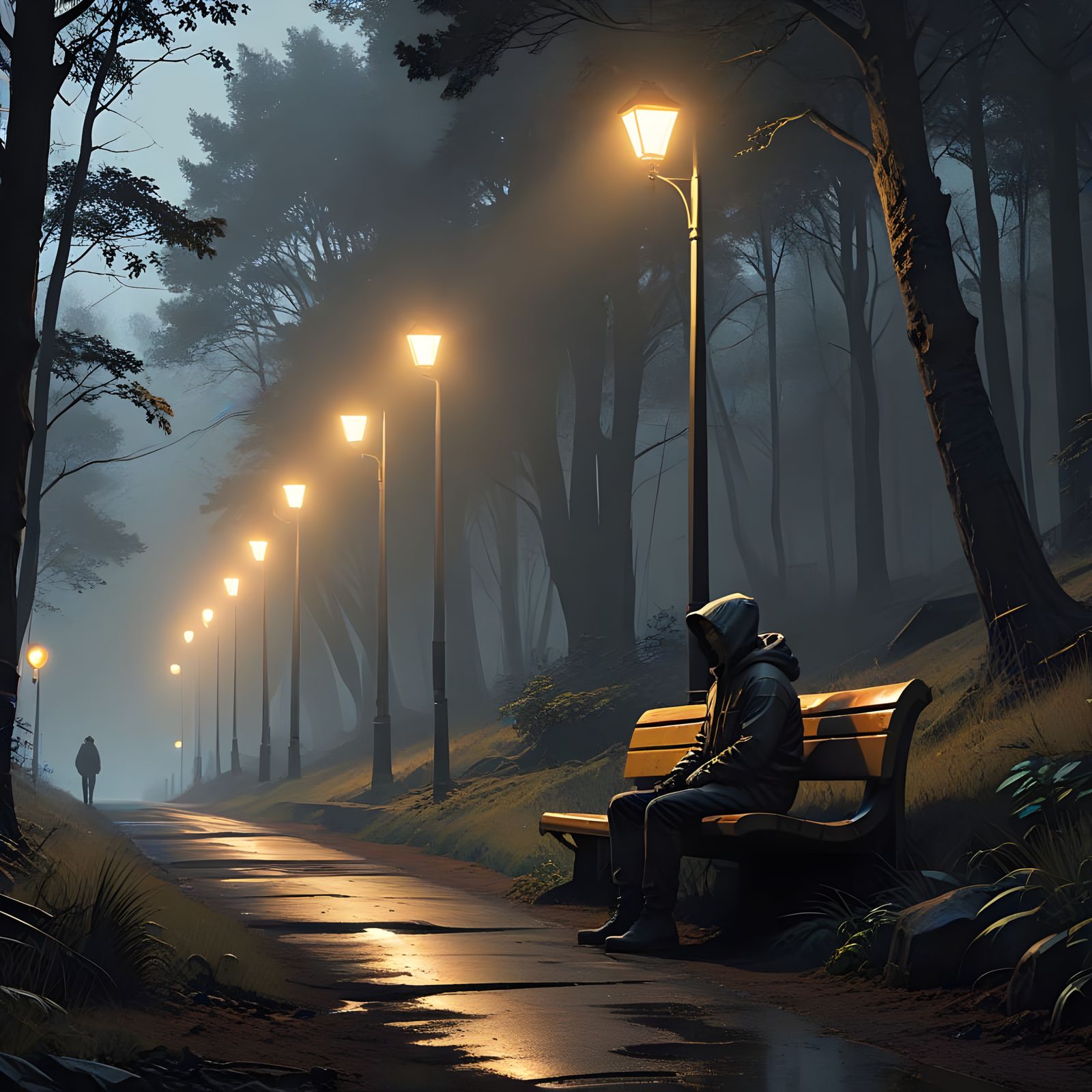 Mysterious Park Bench Illuminated by Moonlit Glow