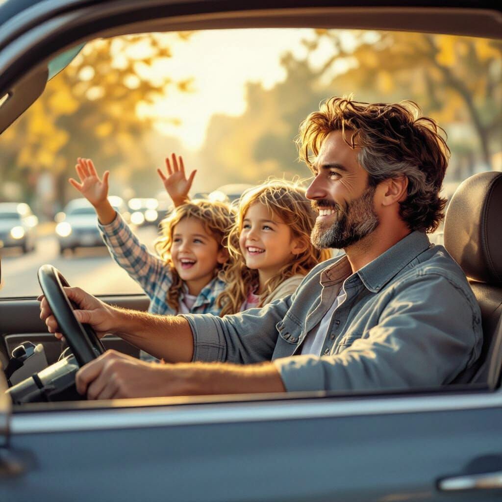 Father Drives Children to School in Golden Light