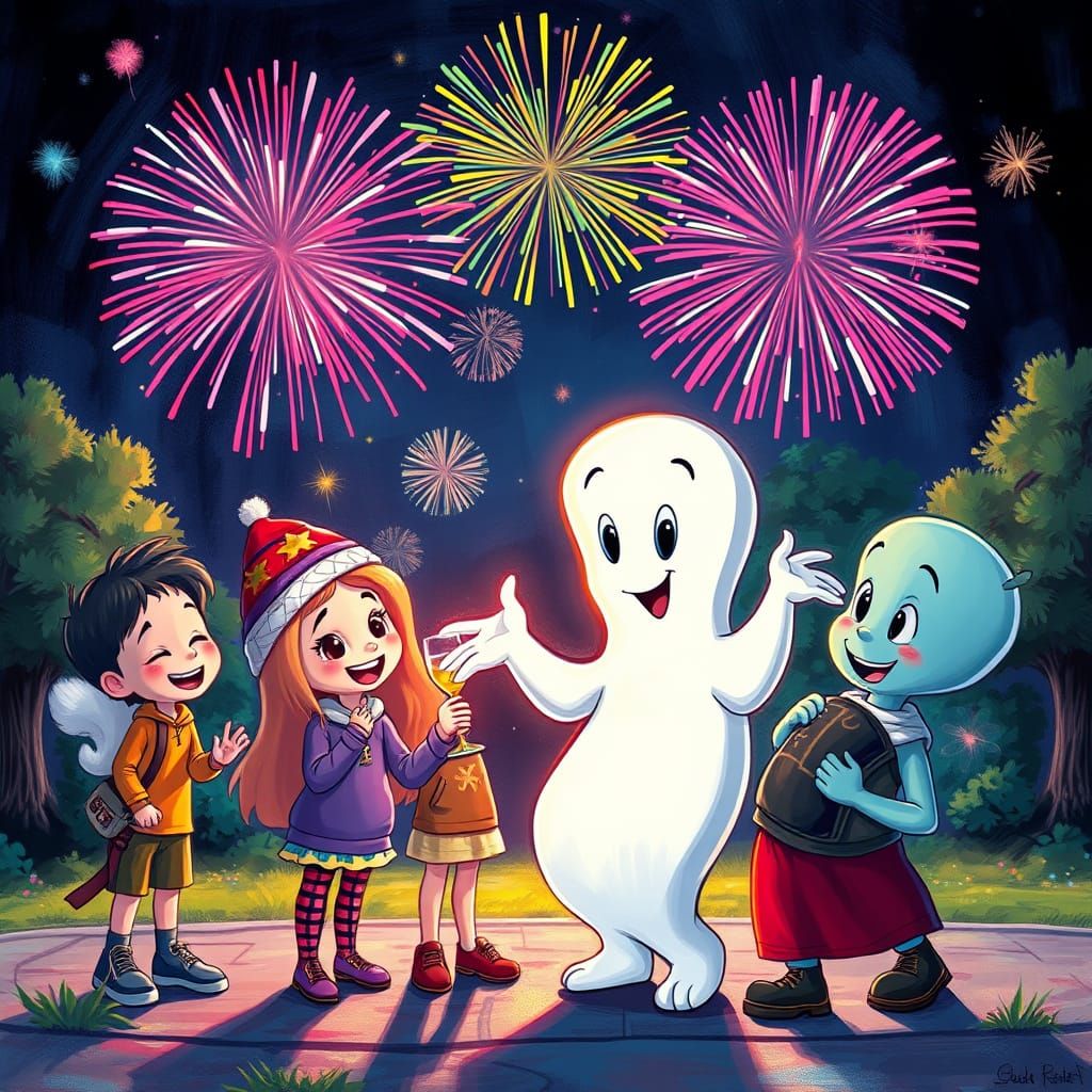 Casper the Ghost Celebrates New Year's Eve with Fireworks