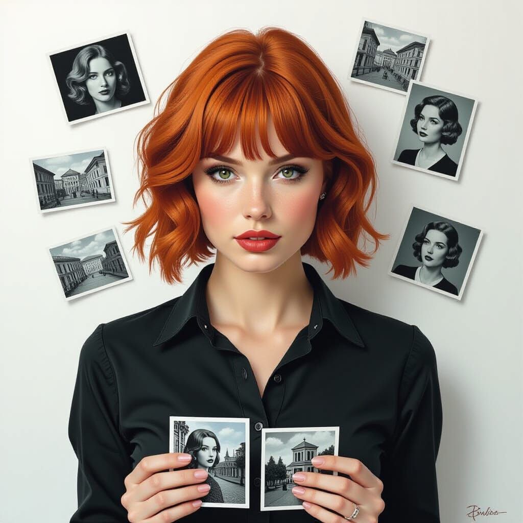 Surreal Monochrome Portrait of a Woman Viewing Photographs