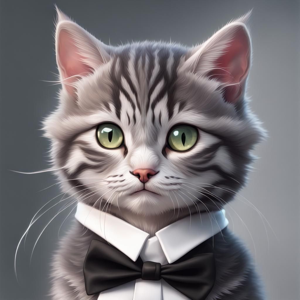 Adorable Fuzzy Tuxedo Kitten Portrait in Digital Art Style