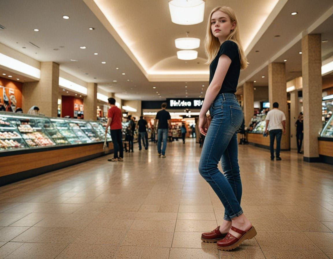 Elle Fanning standing in a mall wearing clogs and jeans.