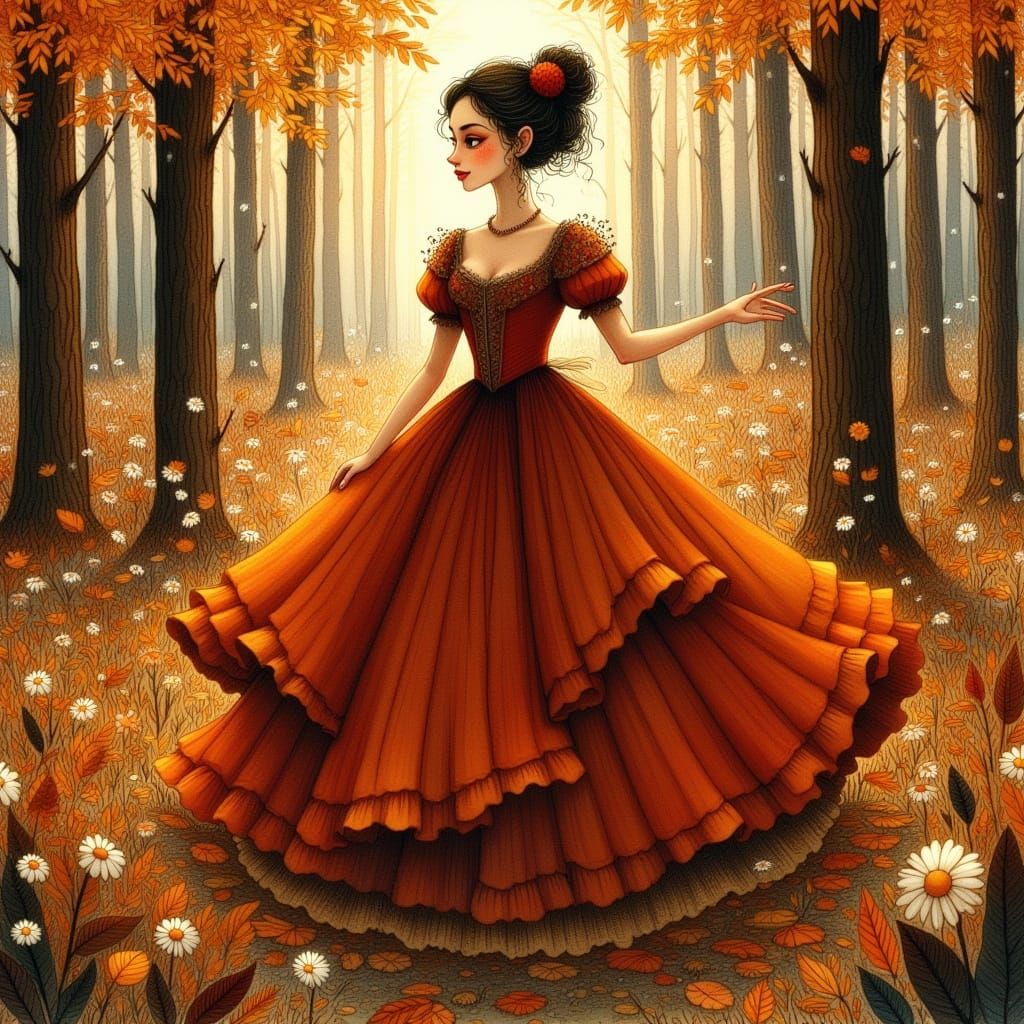 Woman in a large, billowing hoop skirt gown adorned with long, flowing butterfly sleeves. The gown is rendered in rich a...