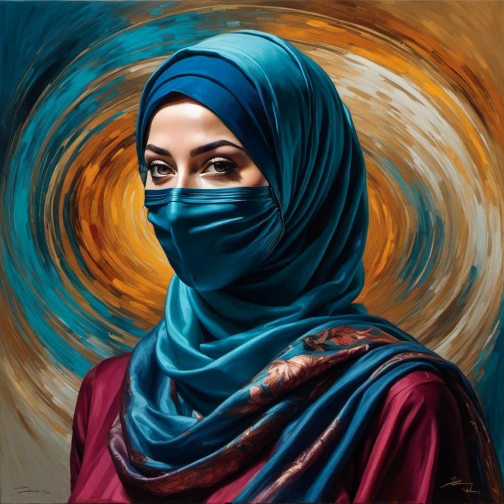 Overweight Hijabi Lady with Mask in Oil Painting Style